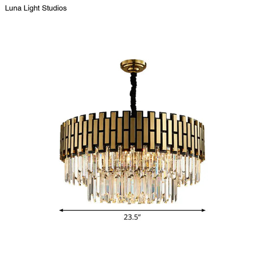 Gold Finish Crystal Rods Chandelier Pendant For Living Room - Elegant Round Hanging Ceiling Light