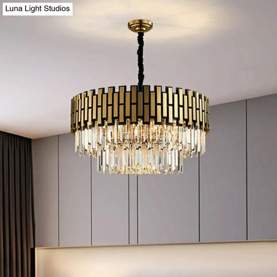 Gold Finish Crystal Rods Chandelier Pendant For Living Room - Elegant Round Hanging Ceiling Light