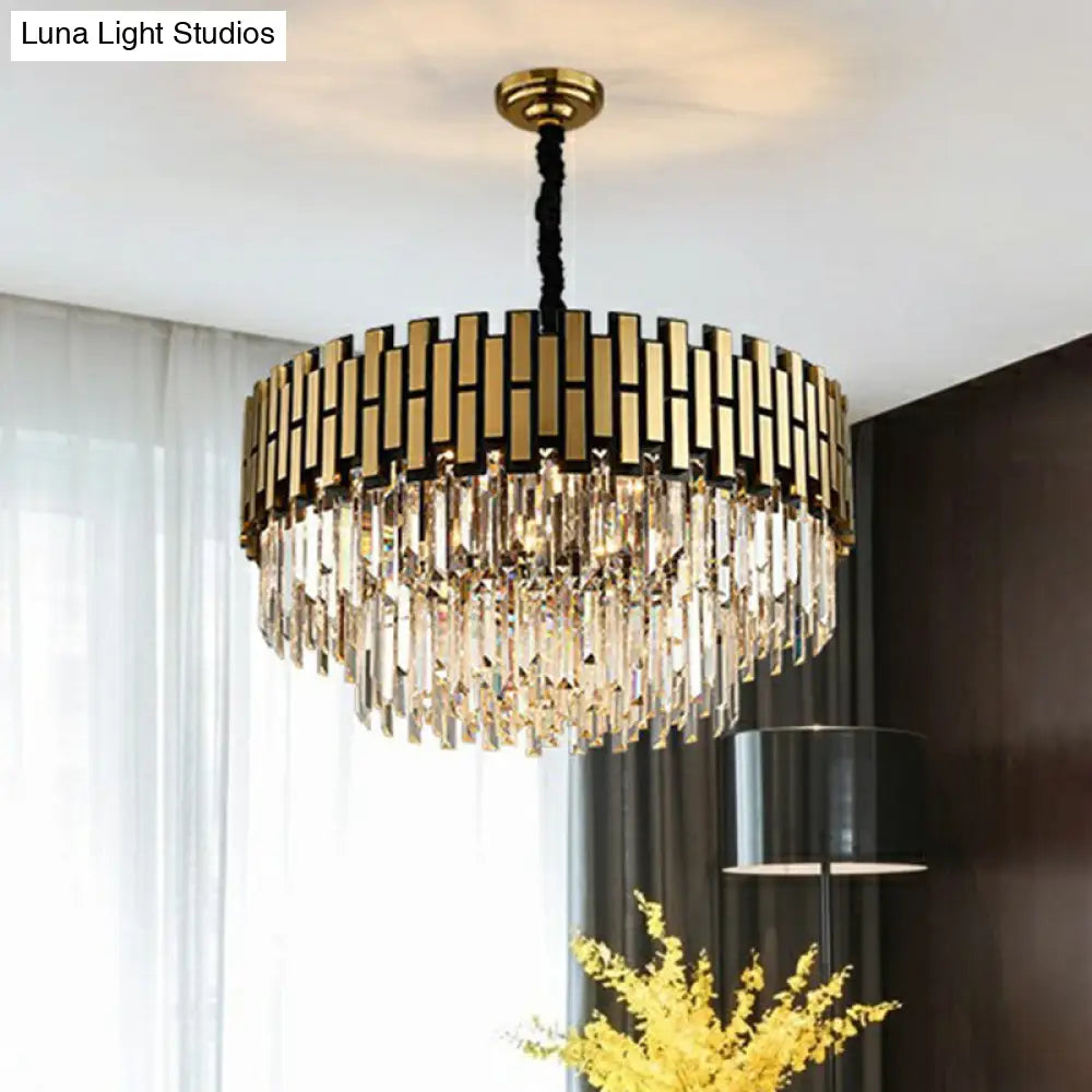 Gold Finish Crystal Rods Chandelier Pendant For Living Room - Elegant Round Hanging Ceiling Light