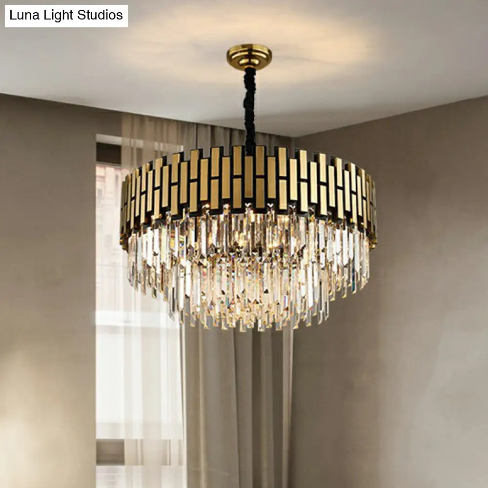 Gold Finish Crystal Rods Chandelier Pendant For Living Room - Elegant Round Hanging Ceiling Light