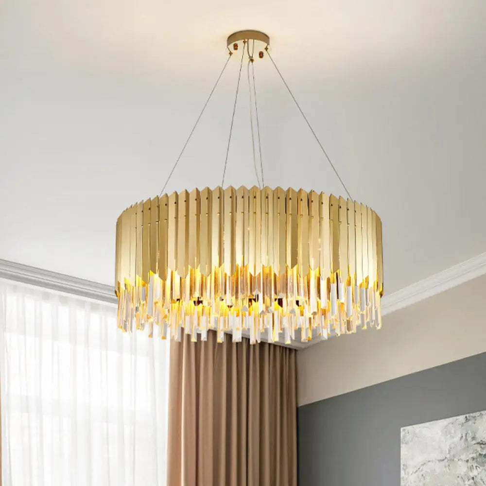 Postmodern Crystal Strip Drum Chandelier Light - Gold Finish 6 Heads Perfect For Dining Tables And