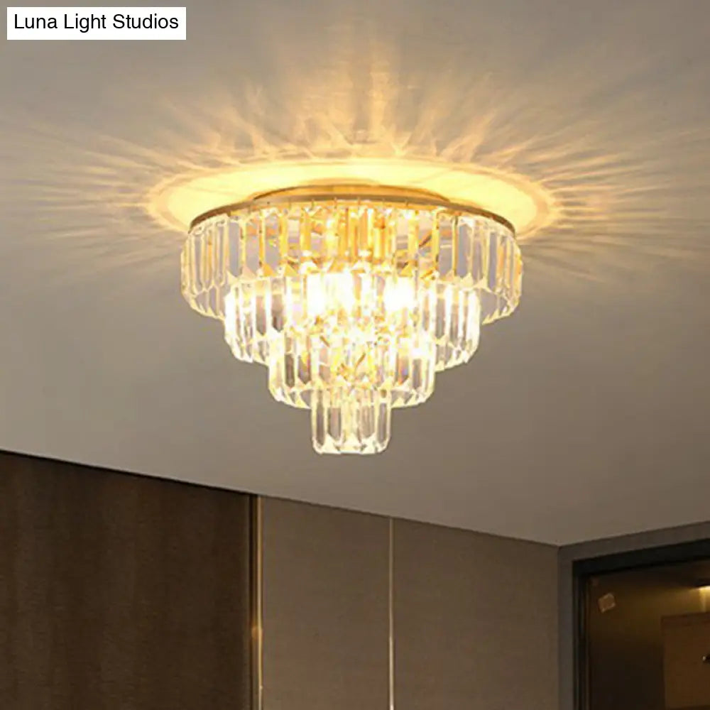 Postmodern Crystal Tiered Tapered Ceiling Flush Light For Bedroom - Clear Mount Fixture