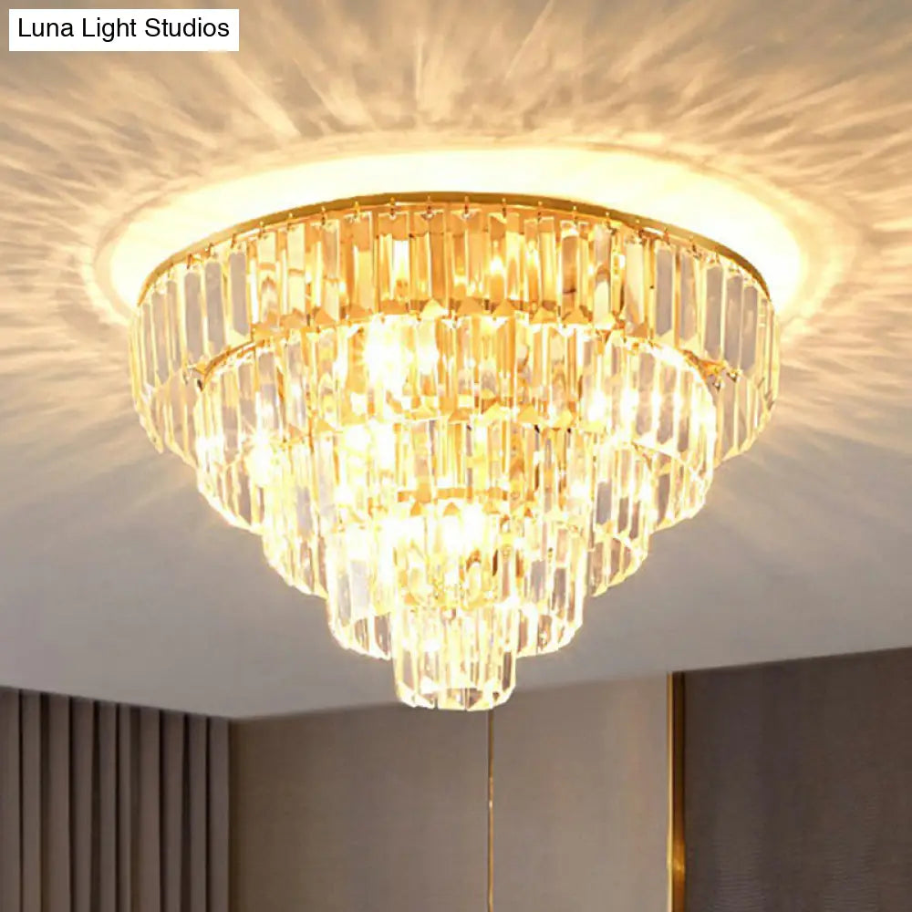 Postmodern Crystal Tiered Tapered Ceiling Flush Light For Bedroom - Clear Mount Fixture