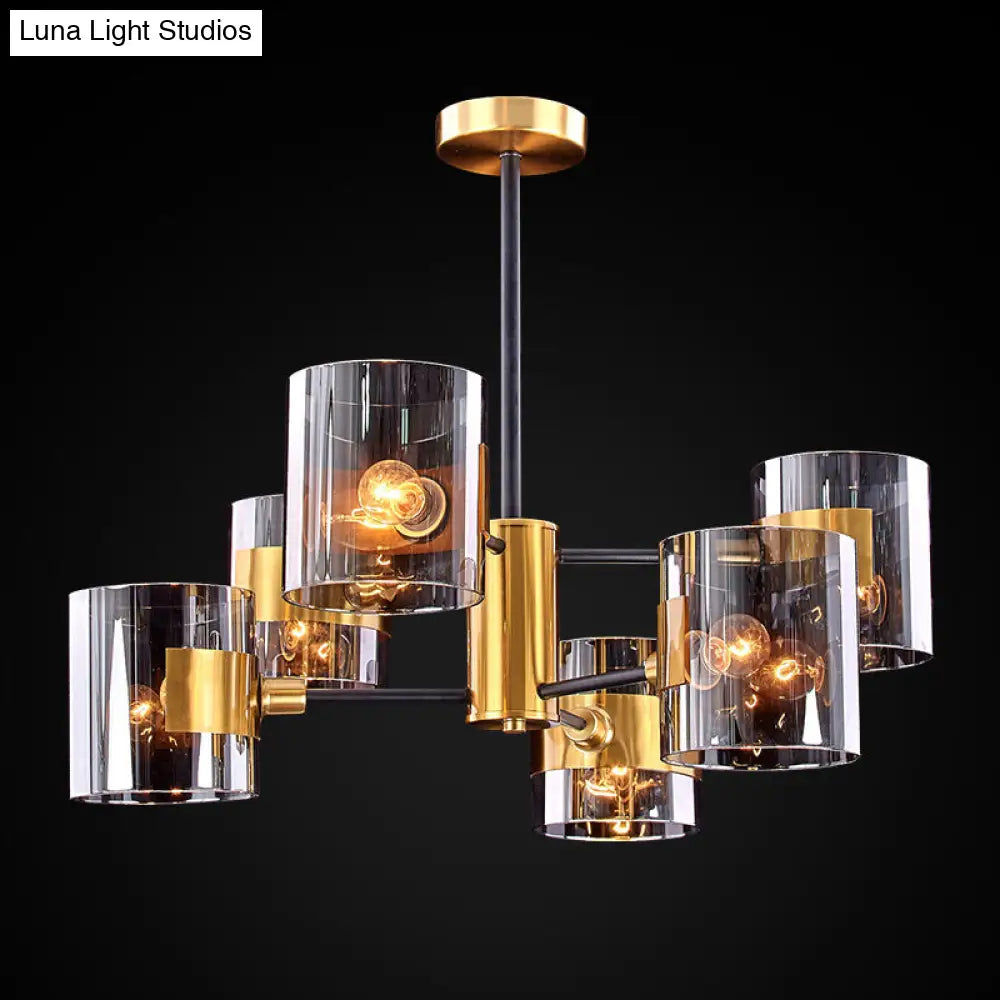 Smoke Grey Glass Cylinder Chandelier: Postmodern Brass Pendant Light For Living Room 8 / Gray