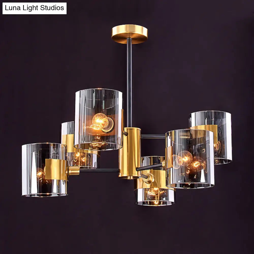 Smoke Grey Glass Cylinder Chandelier: Postmodern Brass Pendant Light For Living Room 6 / Gray