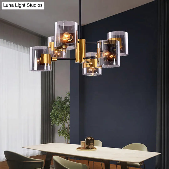 Smoke Grey Glass Cylinder Chandelier: Postmodern Brass Pendant Light For Living Room