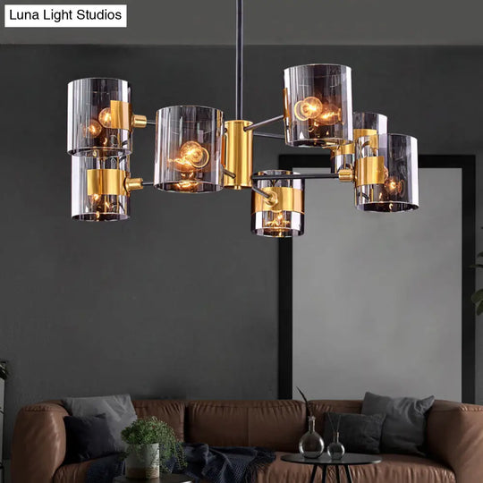 Smoke Grey Glass Cylinder Chandelier: Postmodern Brass Pendant Light For Living Room