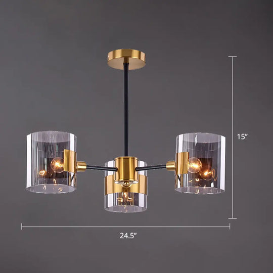 Postmodern Cylinder Chandelier In Smoke Grey Glass And Brass For Living Room 3 / Gray