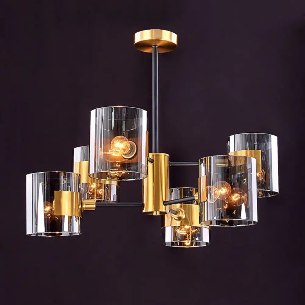 Postmodern Cylinder Chandelier In Smoke Grey Glass And Brass For Living Room 6 / Gray