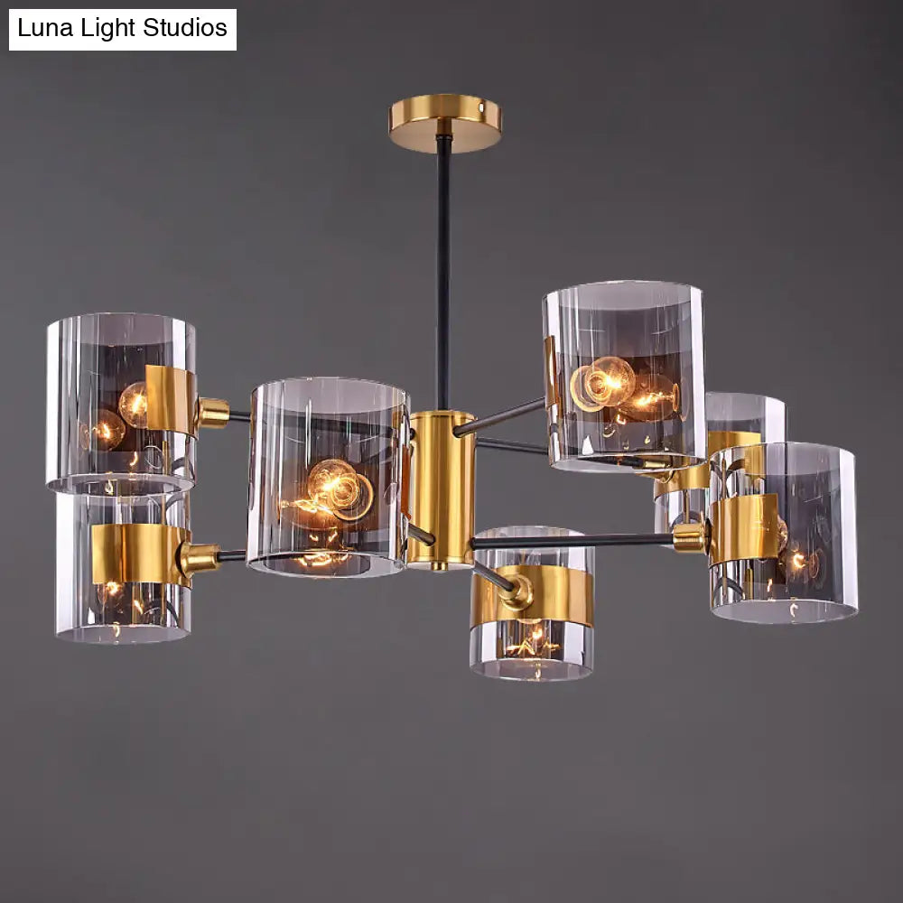 Postmodern Cylinder Chandelier In Smoke Grey Glass And Brass For Living Room