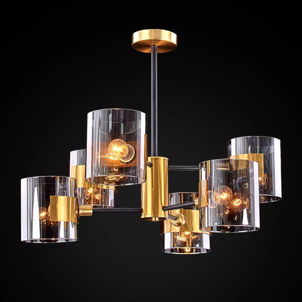 Postmodern Cylinder Chandelier In Smoke Grey Glass And Brass For Living Room 8 / Gray