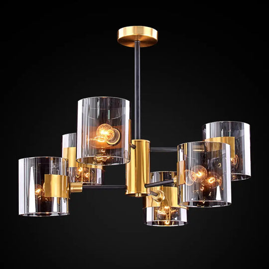 Postmodern Cylinder Chandelier In Smoke Grey Glass And Brass For Living Room 8 / Gray