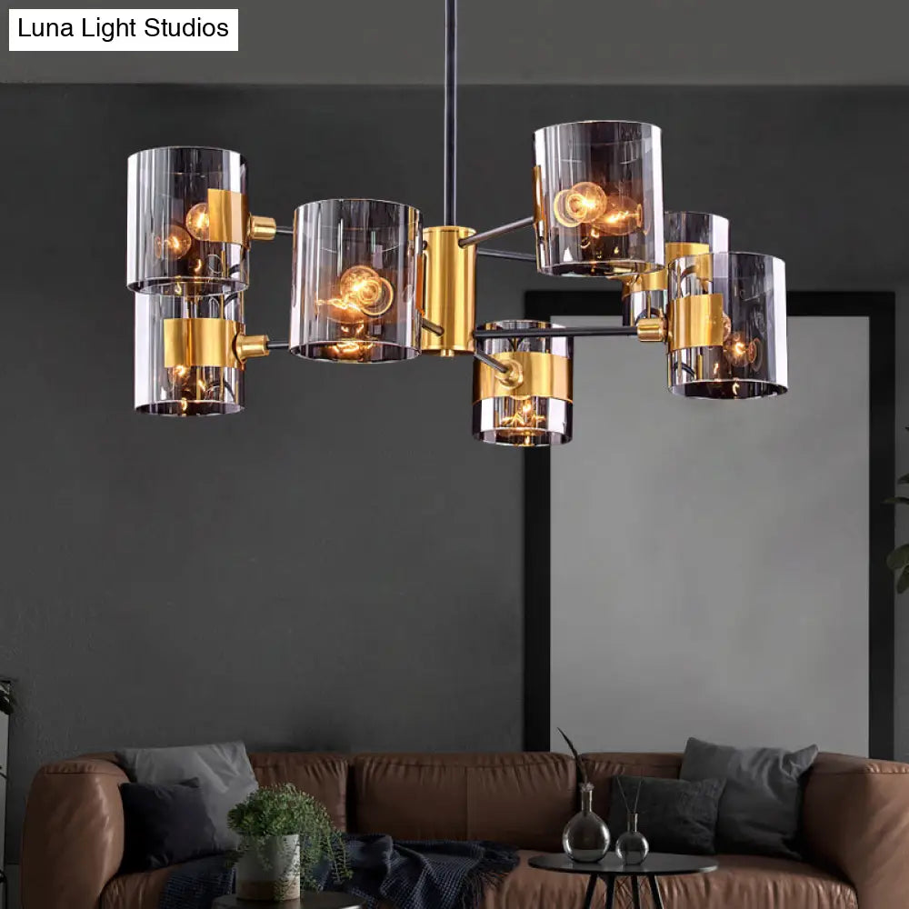 Postmodern Cylinder Chandelier In Smoke Grey Glass And Brass For Living Room