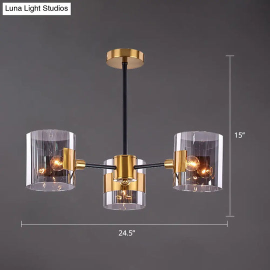 Smoke Grey Glass Cylinder Chandelier: Postmodern Brass Pendant Light For Living Room 3 / Gray