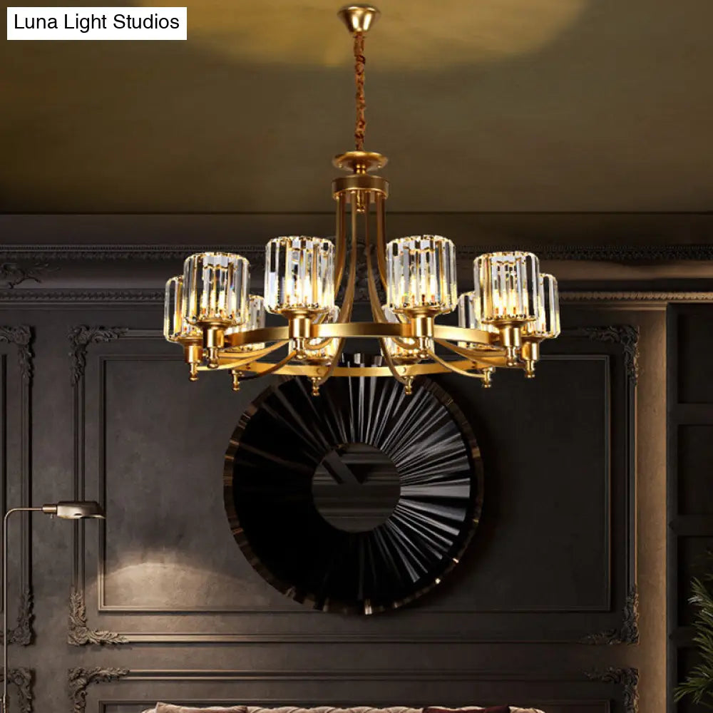 Postmodern Cylinder Chandelier 8/10-Light Prismatic Crystal Drop Lamp Black/Gold - Ideal For Living