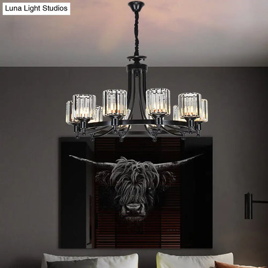 Postmodern Cylinder Chandelier 8/10-Light Prismatic Crystal Drop Lamp Black/Gold - Ideal For Living