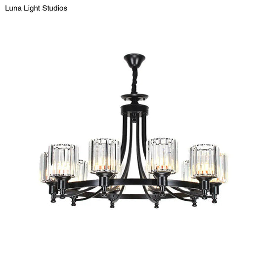 Postmodern Cylinder Chandelier - Prismatic Crystal Drop Lamp (8/10 Lights) Black/Gold Living Room