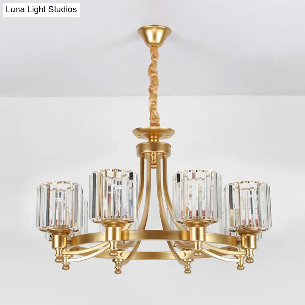 Postmodern Cylinder Chandelier 8/10-Light Prismatic Crystal Drop Lamp Black/Gold - Ideal For Living