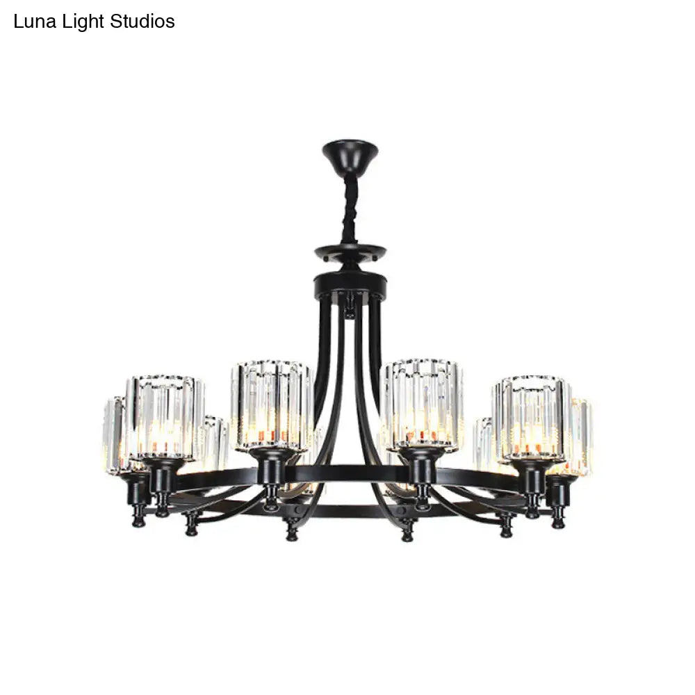 Postmodern Cylinder Chandelier 8/10-Light Prismatic Crystal Drop Lamp Black/Gold - Ideal For Living