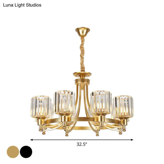 Postmodern Cylinder Chandelier 8/10-Light Prismatic Crystal Drop Lamp Black/Gold - Ideal For Living