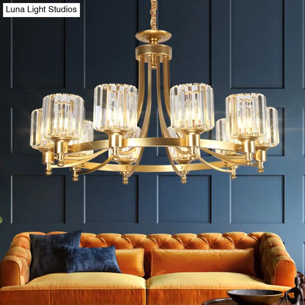 Postmodern Cylinder Chandelier 8/10-Light Prismatic Crystal Drop Lamp Black/Gold - Ideal For Living