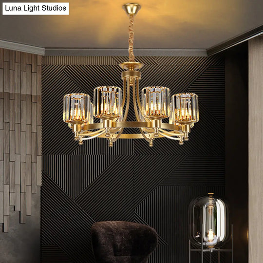 Postmodern Cylinder Chandelier 8/10-Light Prismatic Crystal Drop Lamp Black/Gold - Ideal For Living