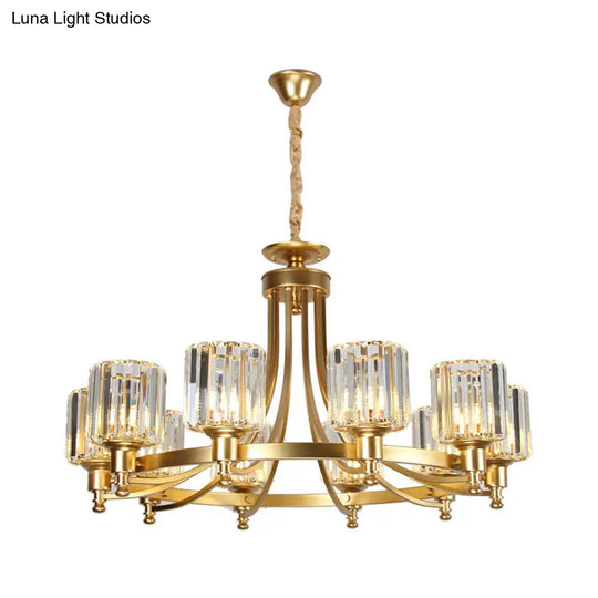 Postmodern Cylinder Chandelier 8/10-Light Prismatic Crystal Drop Lamp Black/Gold - Ideal For Living