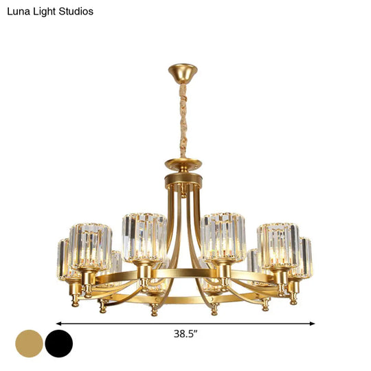 Postmodern Cylinder Chandelier 8/10-Light Prismatic Crystal Drop Lamp Black/Gold - Ideal For Living