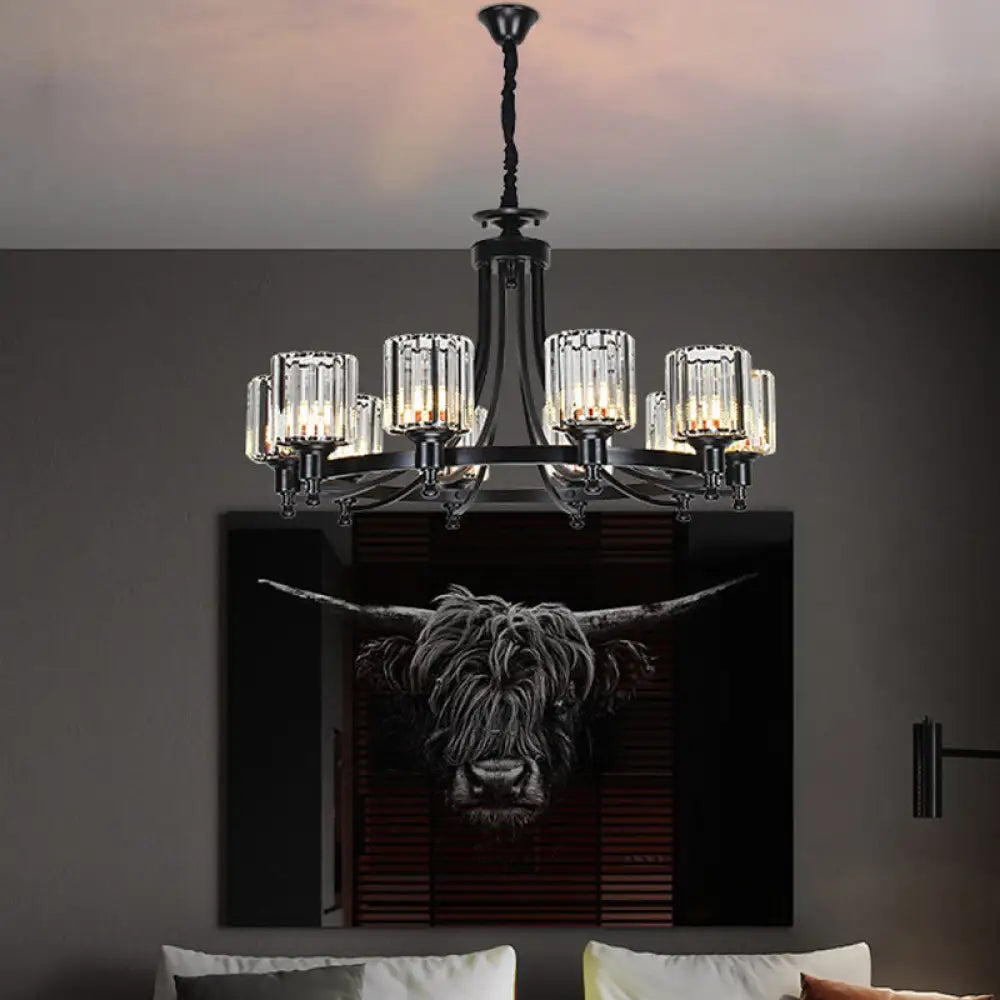 Postmodern Cylinder Chandelier - Prismatic Crystal Drop Lamp (8/10 Lights) Black/Gold Living Room