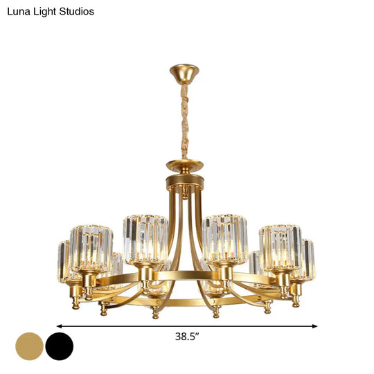 Postmodern Cylinder Chandelier - Prismatic Crystal Drop Lamp (8/10 Lights) Black/Gold Living Room