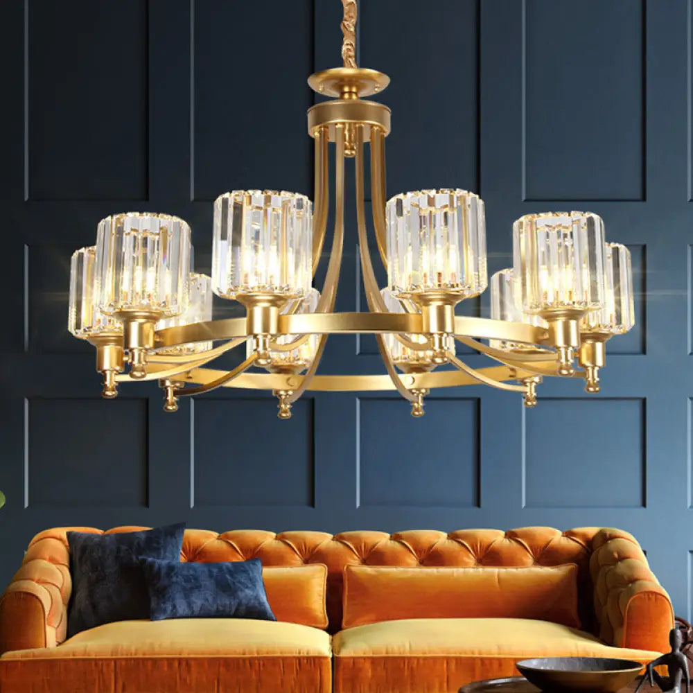 Postmodern Cylinder Chandelier - Prismatic Crystal Drop Lamp (8/10 Lights) Black/Gold Living Room