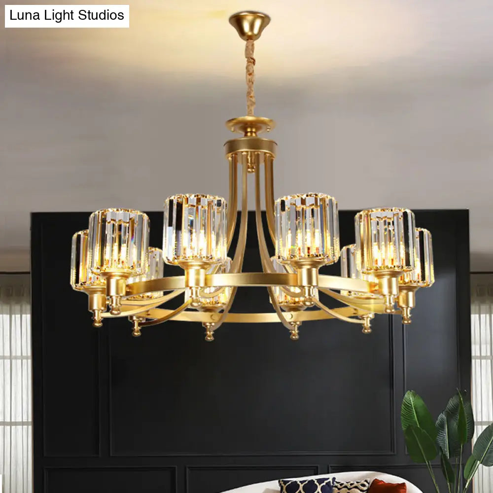 Postmodern Cylinder Chandelier - Prismatic Crystal Drop Lamp (8/10 Lights) Black/Gold Living Room