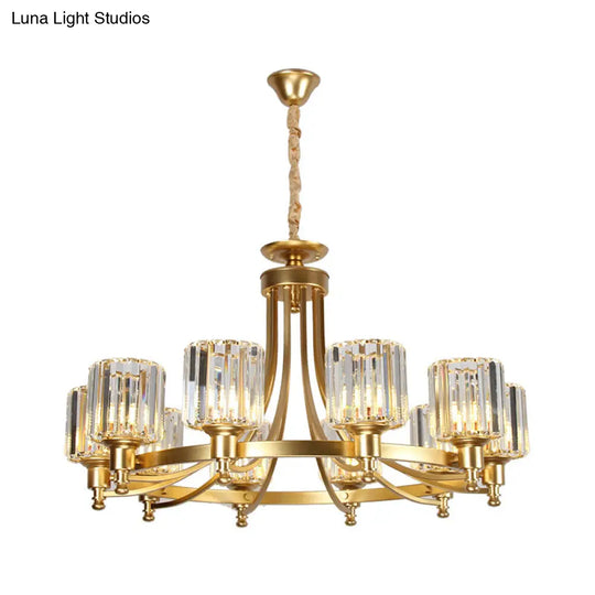 Postmodern Cylinder Chandelier - Prismatic Crystal Drop Lamp (8/10 Lights) Black/Gold Living Room