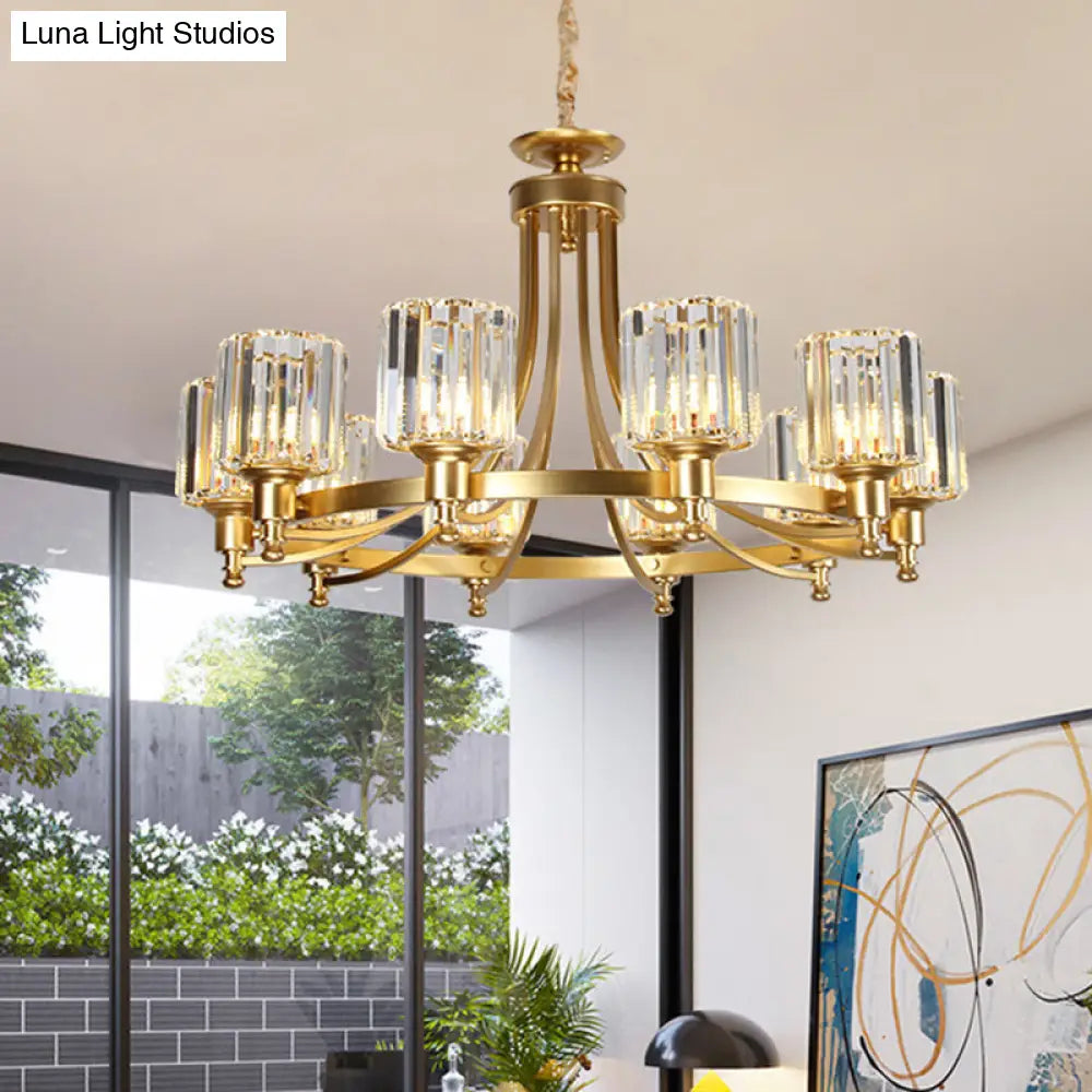 Postmodern Cylinder Chandelier - Prismatic Crystal Drop Lamp (8/10 Lights) Black/Gold Living Room