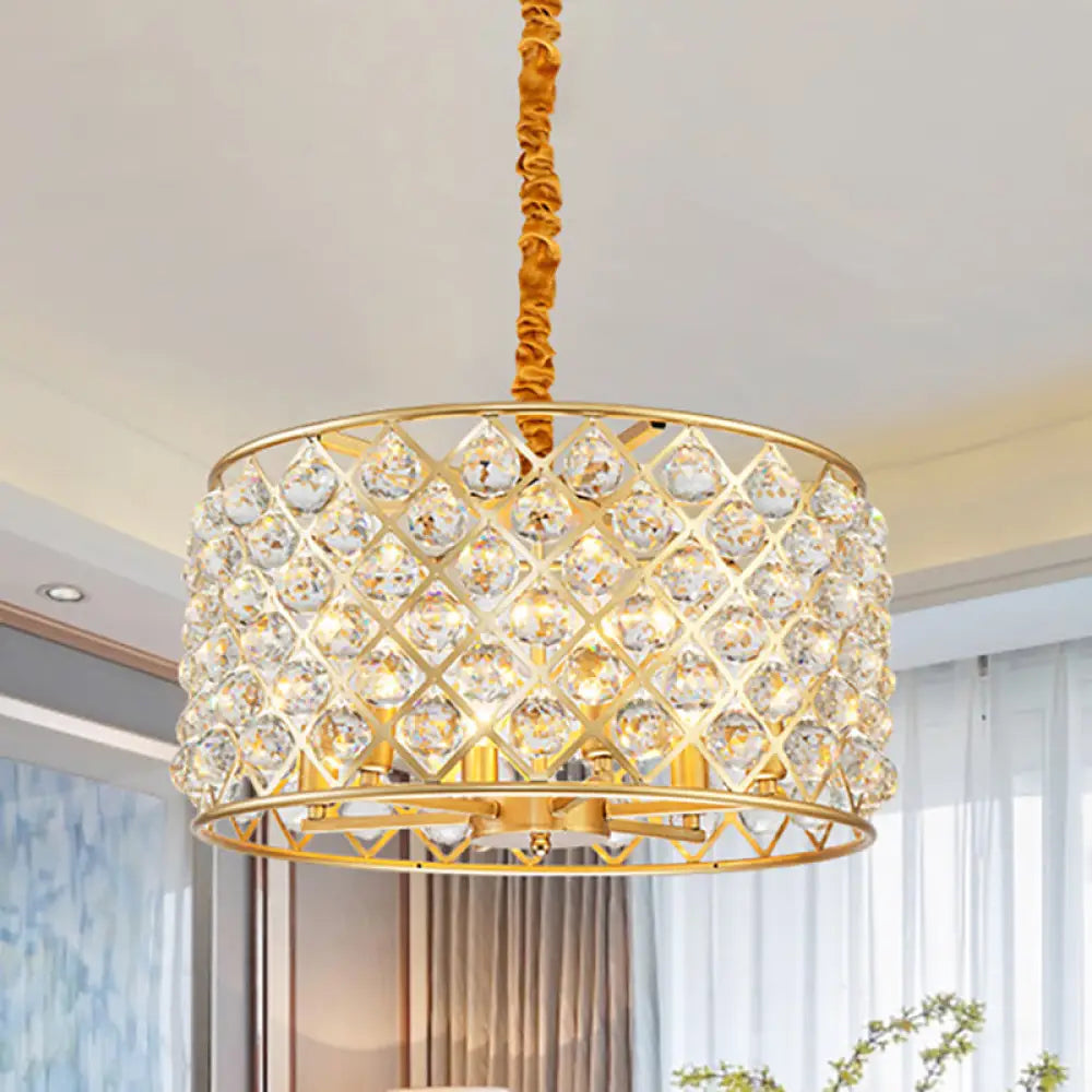 Postmodern Cylinder Hanging Chandelier Crystal And Metal 6 Lights For Dining Room Gold