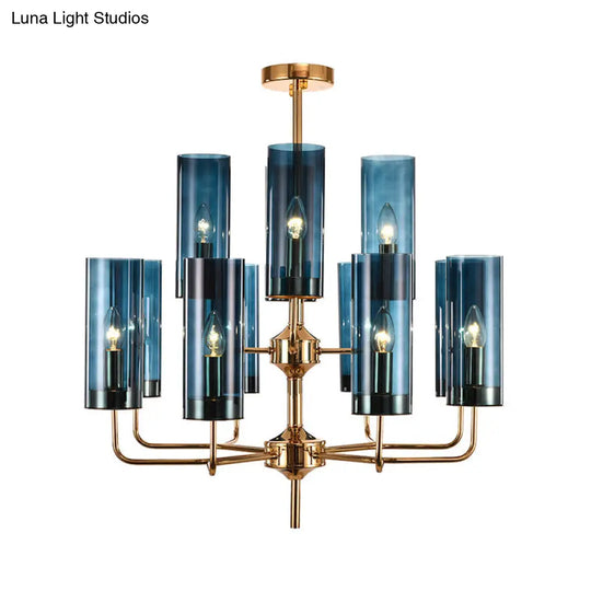 Postmodern Cylinder Hanging Lamp: Blue/Cognac Glass 12 Heads Dining Room Chandelier Lighting Kit