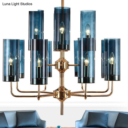 Postmodern Cylinder Hanging Lamp Kit - Blue/Cognac Glass 12 Head Dining Room Chandelier Light Blue