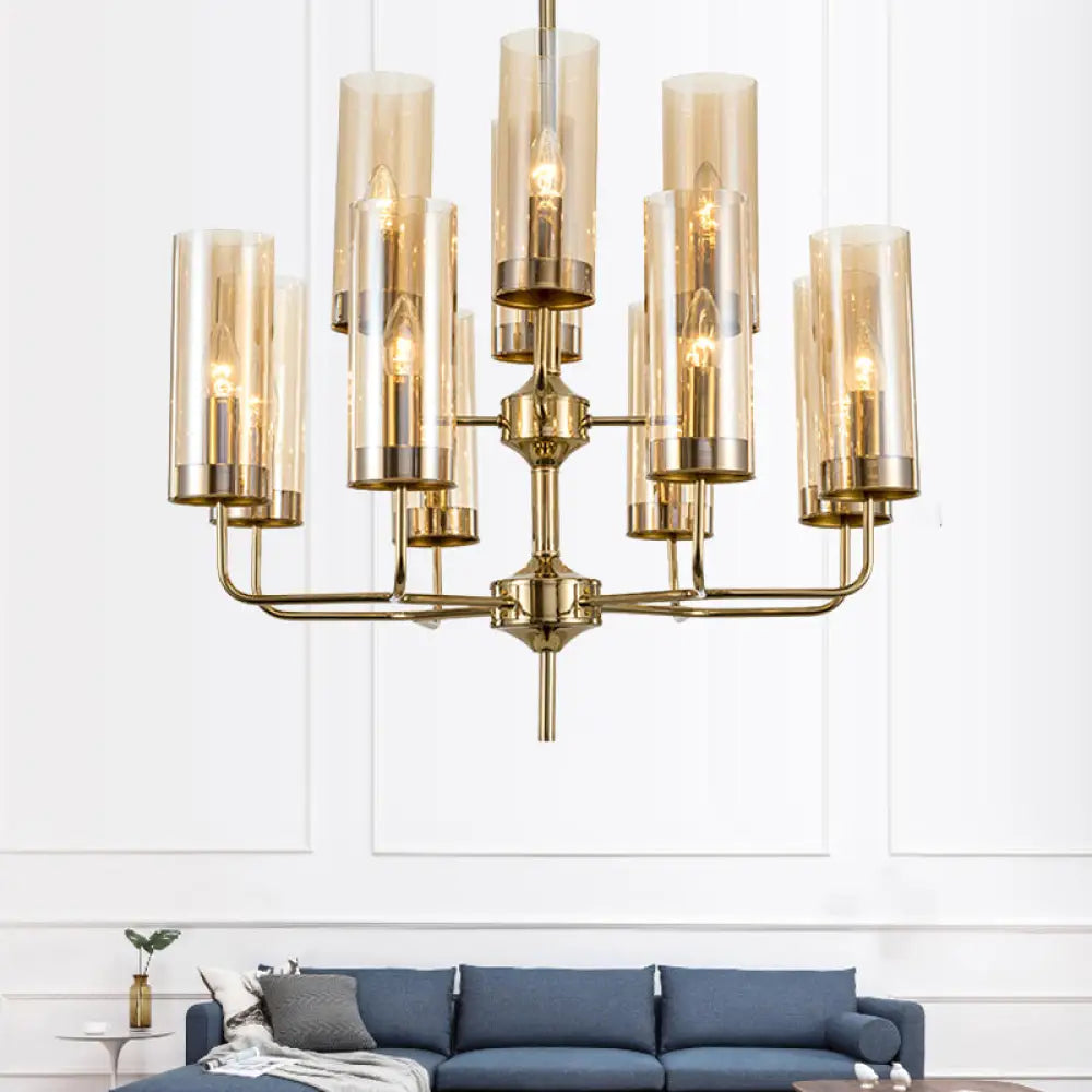 Postmodern Cylinder Hanging Lamp: Blue/Cognac Glass 12 Heads Dining Room Chandelier Lighting Kit