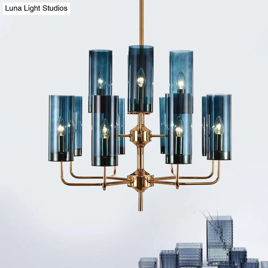 Postmodern Cylinder Hanging Lamp Kit - Blue/Cognac Glass 12 Head Dining Room Chandelier Light