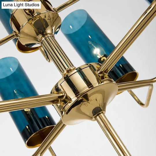 Postmodern Cylinder Hanging Lamp Kit - Blue/Cognac Glass 12 Head Dining Room Chandelier Light