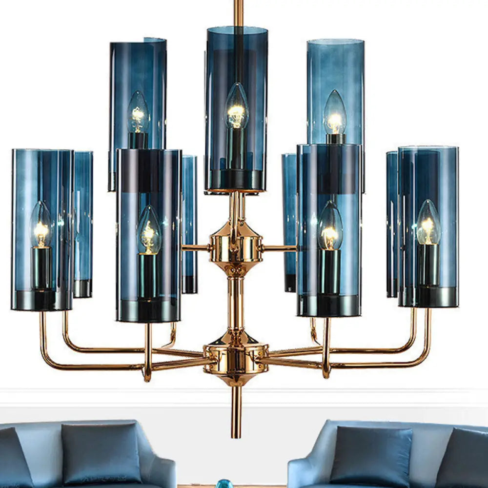 Postmodern Cylinder Hanging Lamp: Blue/Cognac Glass 12 Heads Dining Room Chandelier Lighting Kit