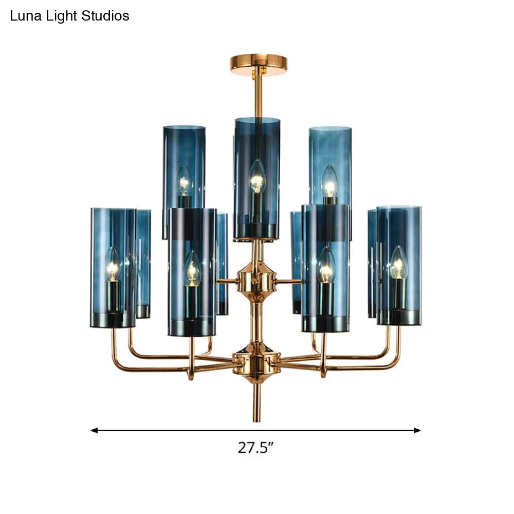 Postmodern Cylinder Hanging Lamp Kit - Blue/Cognac Glass 12 Head Dining Room Chandelier Light