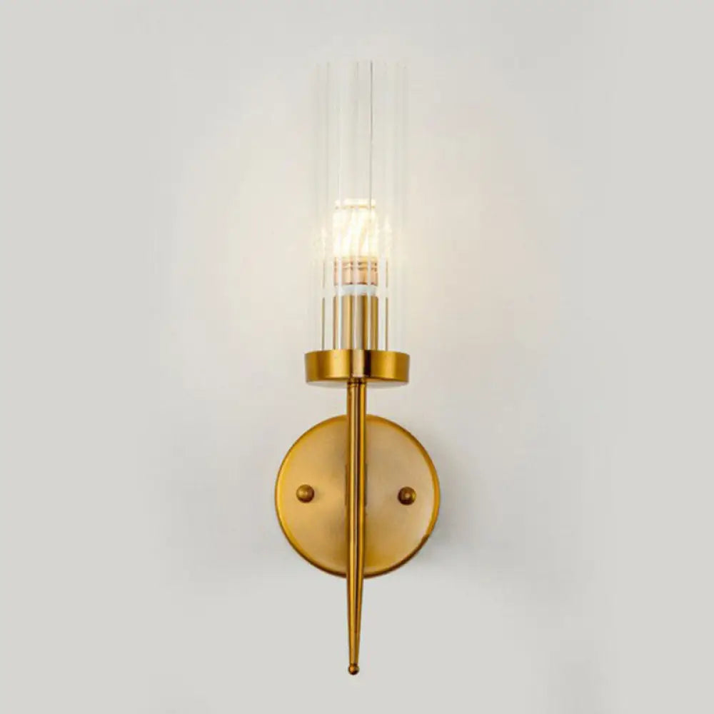 Postmodern Cylindrical Wall Mount Light In Gold With Clear Ribbed Glass - Perfect For Stairway