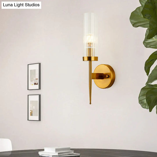 Postmodern Cylindrical Wall Mount Light In Gold With Clear Ribbed Glass - Perfect For Stairway