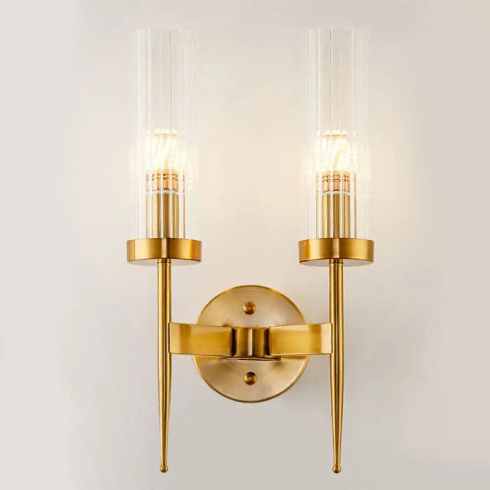 Postmodern Cylindrical Wall Mount Light In Gold With Clear Ribbed Glass - Perfect For Stairway