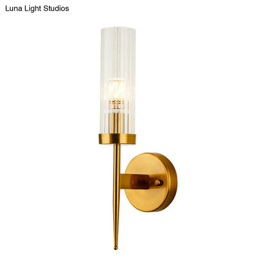 Postmodern Cylindrical Wall Mount Light In Gold With Clear Ribbed Glass - Perfect For Stairway