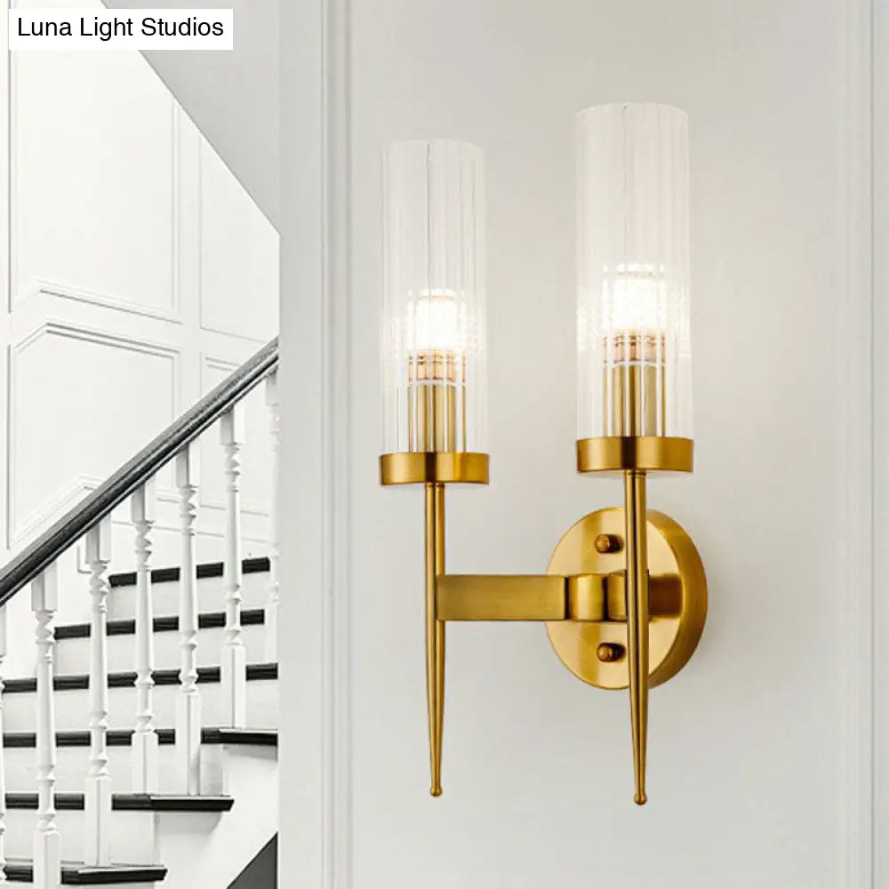 Postmodern Cylindrical Wall Mount Light In Gold With Clear Ribbed Glass - Perfect For Stairway