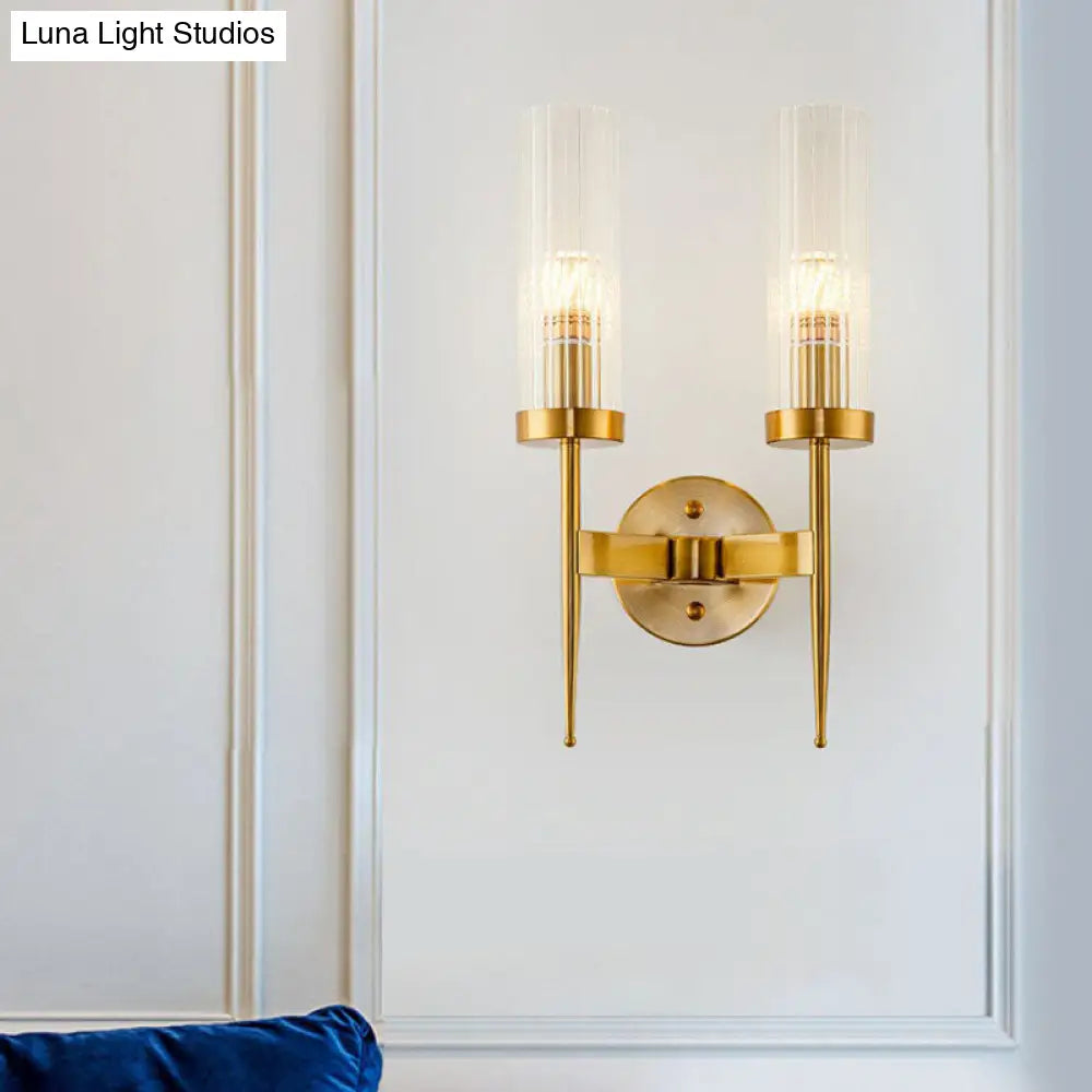 Postmodern Cylindrical Wall Mount Light In Gold With Clear Ribbed Glass - Perfect For Stairway