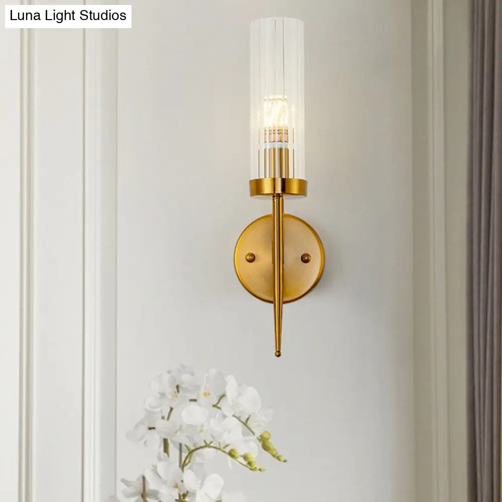 Postmodern Cylindrical Wall Mount Light In Gold With Clear Ribbed Glass - Perfect For Stairway