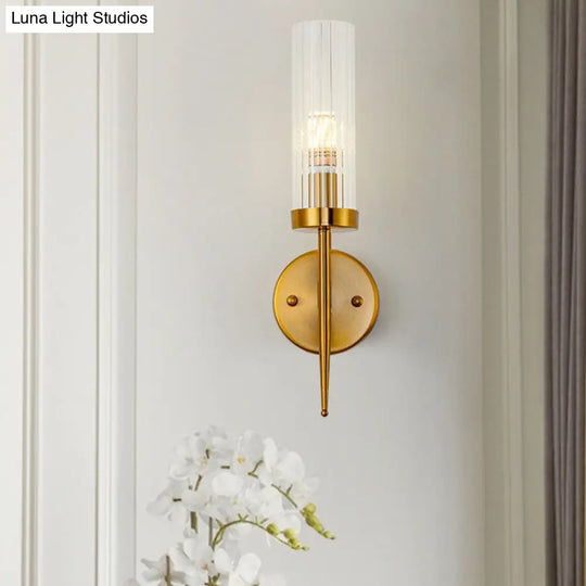 Postmodern Cylindrical Wall Mount Light In Gold With Clear Ribbed Glass - Perfect For Stairway